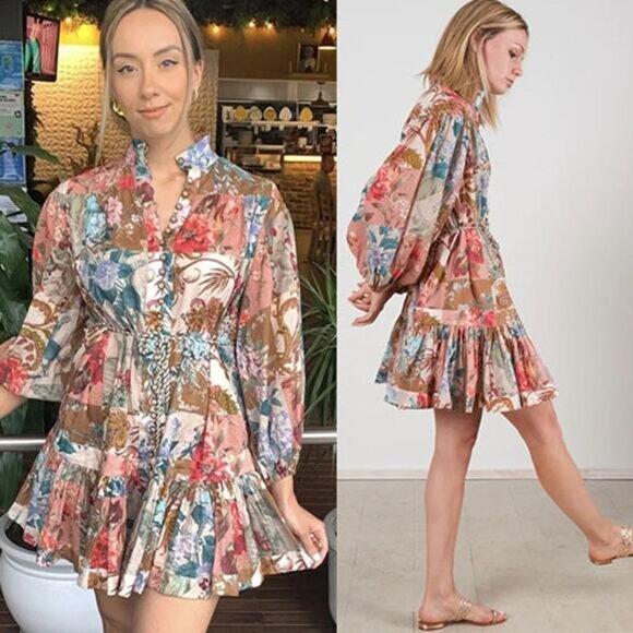 NWT Zimmermann Cassia Drop Waist Patchwork Floral Mini Dress Multi Color Size: 8 - Picture 9 of 9